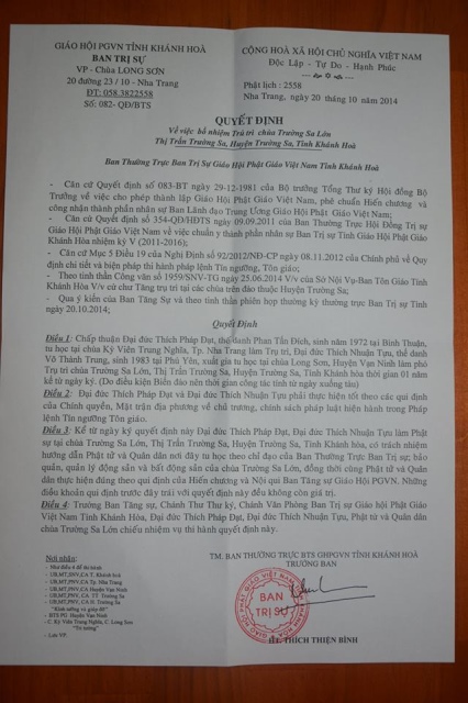 Khánh Hòa: Bổ nhiệm trụ trì chùa Trường Sa Lớn