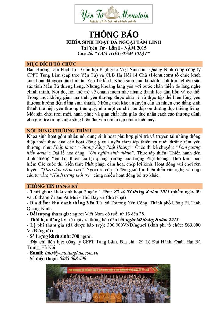 Quảng Ninh: Thông báo Khóa sinh Hoạt &quot;Dã Ngoại Tâm Linh&quot;  Tại Yên Tử - Lần I - NĂM 2015