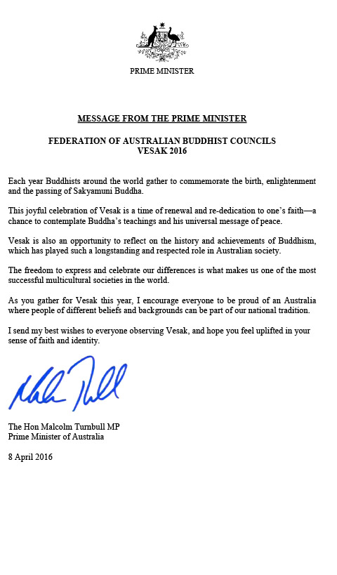 Australia: Thủ tướng Malcolm Turnbull gửi Thông điệp chúc mừng Phật đản 2016