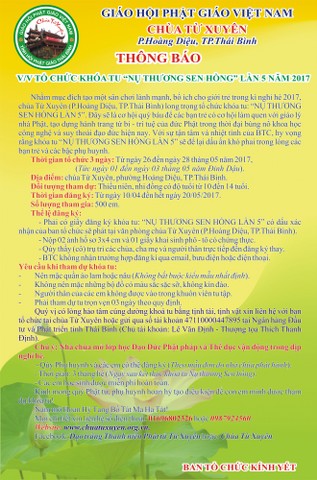 Thông Báo  V/V Tổ Chức Khóa Tu Nụ Thương Sen Hồng Lần 5 Năm 2017